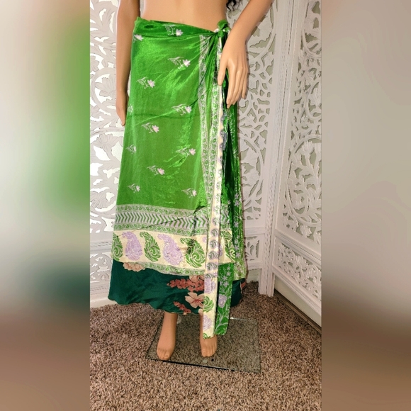Exotic Silk Boho Green Multicolor Reversible Wrap Maxi Skirt - Picture 6 of 16